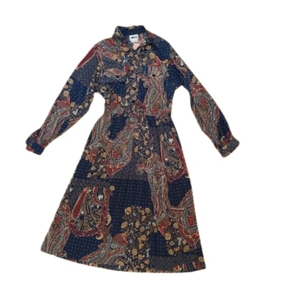 VINTAGE Long Sleeve Paisley Print Satin Dress Size 8 Petite - Picture 2 of 7